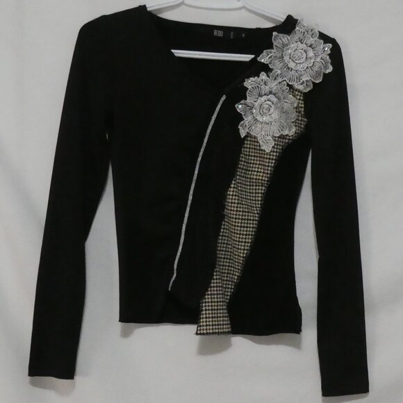 BEDO | small | Black Floral Lace Appliqué Long Sleeve Shirt - Picture 1 of 15